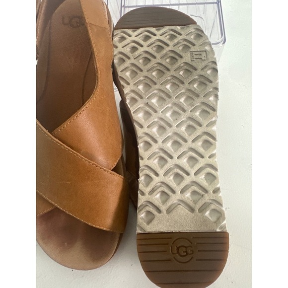 UGG Tan Leather Cross Strap Adjustable Buckle White Sole Sandals - Picture 8 of 10